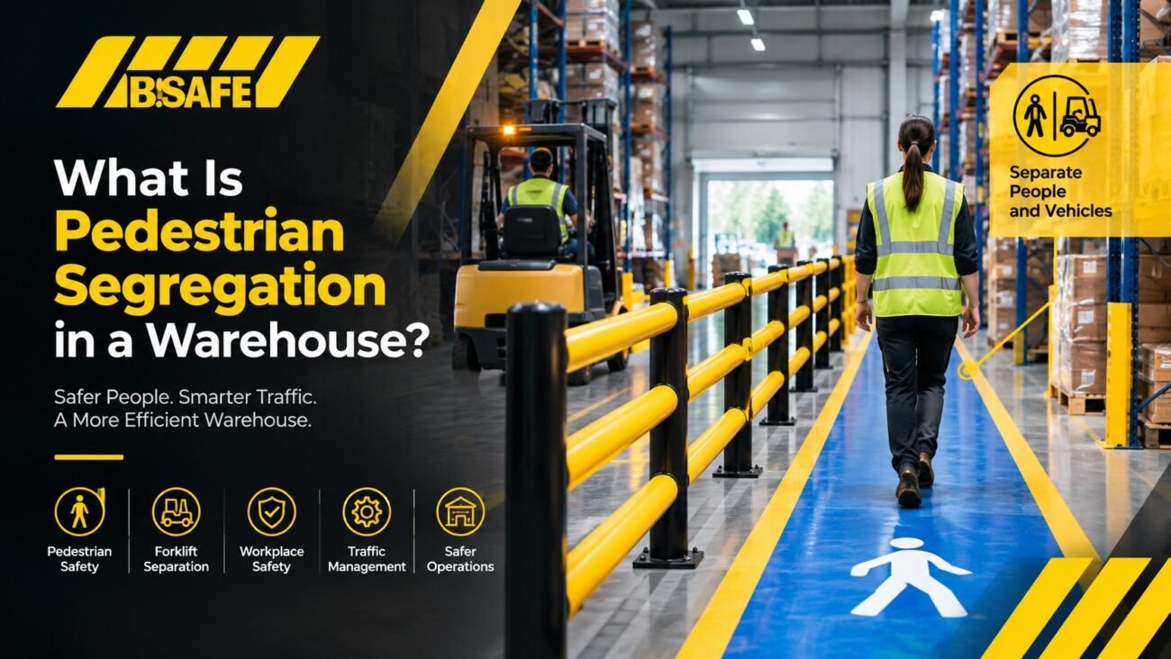 Pedestrian segregation in a warehouse using physical safety barriers and marked walkways